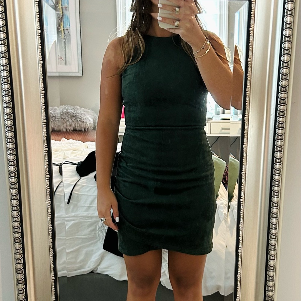 Bloomingdales brand Aqua dark green suede mini dress